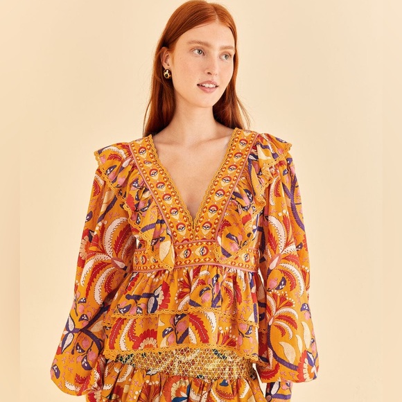 FARM RIO Palms Party Yellow Ruffled Blouse - Picture 4 of 9